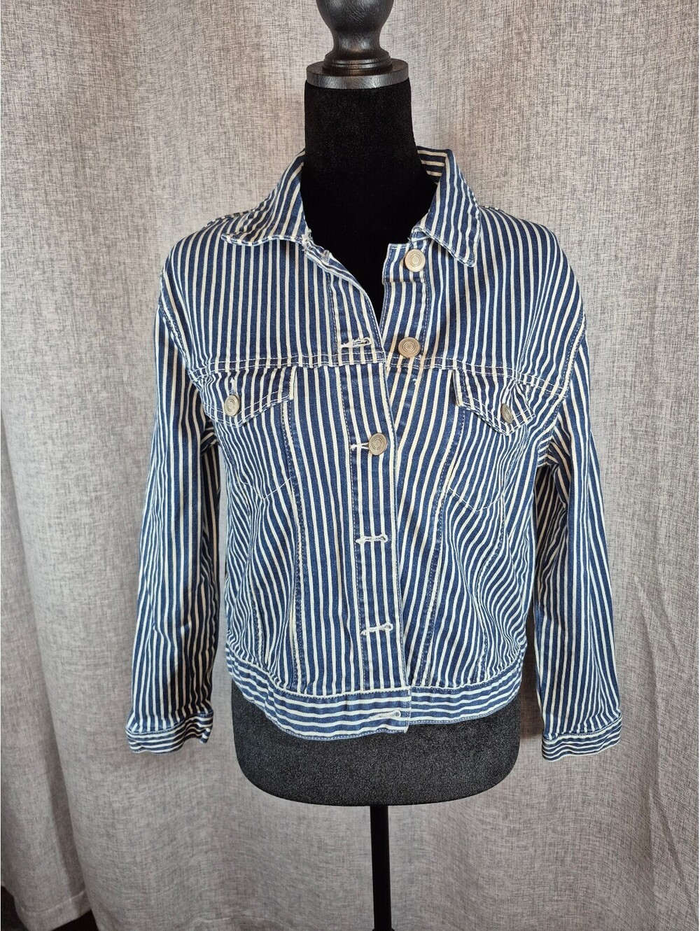 Size Small Women’s Chocolate USA Blue White Railroad Stripe Denim Jacket